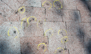 Asphalt roofing shingles badly damaged by hail with the pock marks circled in yellow chalk.